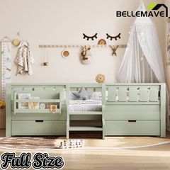 Bellemave® Kids Twin Size Montessori Bed Frame with Built - in Storage Shelves and Drawers, Floor Bed with Staircase and Full - Length High Rails,for Boys, Girls, Wood,Easy Assemble - Bellemave