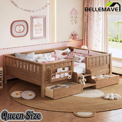 Bellemave® Kids Twin Size Montessori Bed Frame with Built-in Storage Shelves and Drawers, Floor Bed with Staircase and Full-Length High Rails,for Boys, Girls, Wood,Easy Assemble - Bellemave