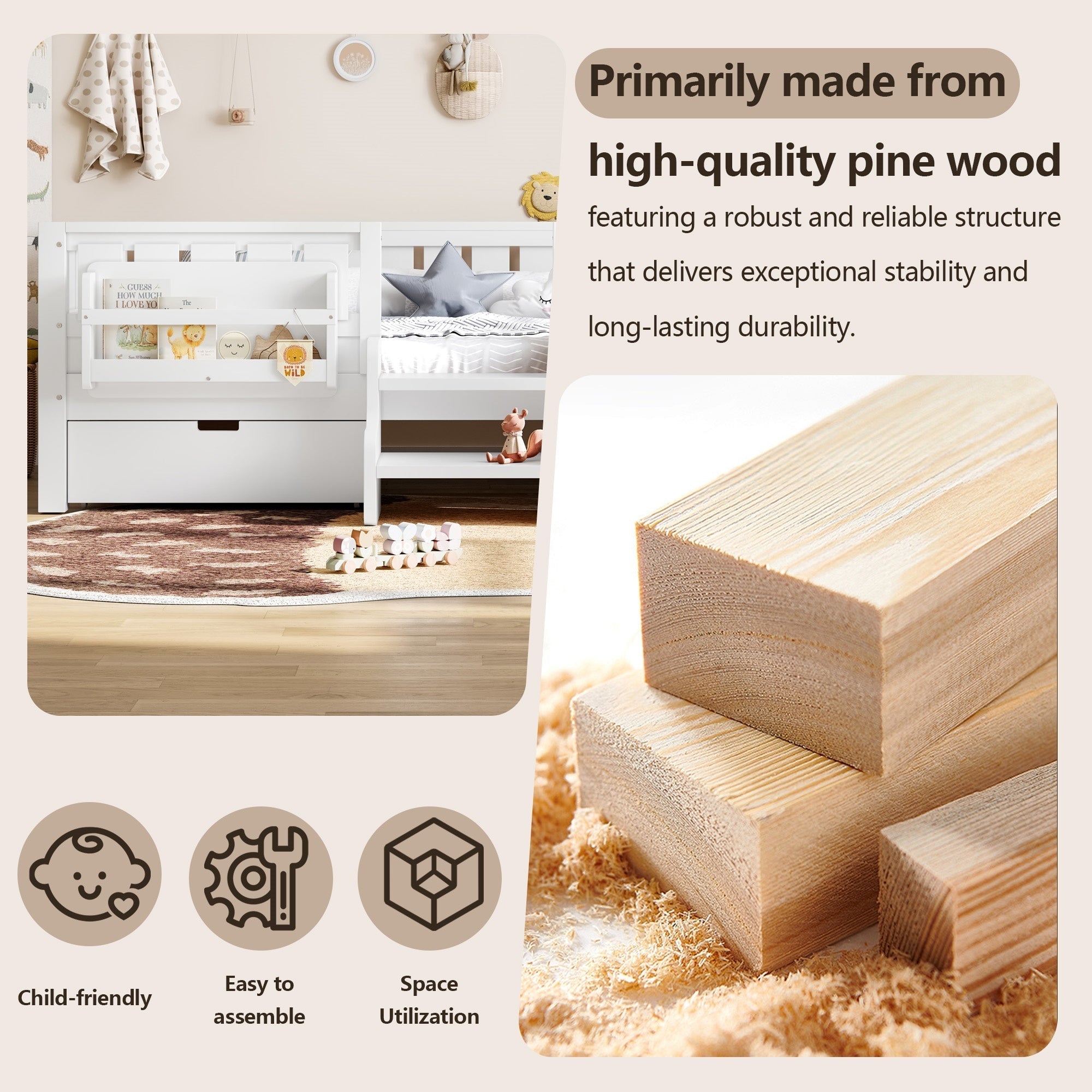 Bellemave® Kids Twin Size Montessori Bed Frame with Built - in Storage Shelves and Drawers, Floor Bed with Staircase and Full - Length High Rails,for Boys, Girls, Wood,Easy Assemble - Bellemave