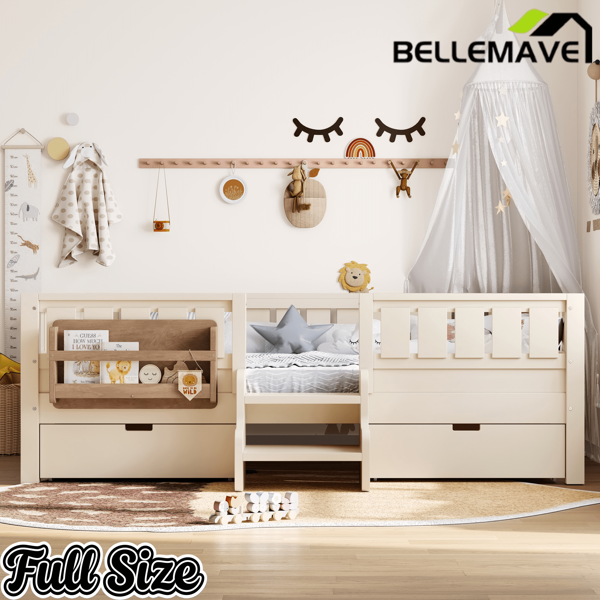 Bellemave® Kids Twin Size Montessori Bed Frame with Built - in Storage Shelves and Drawers, Floor Bed with Staircase and Full - Length High Rails,for Boys, Girls, Wood,Easy Assemble - Bellemave