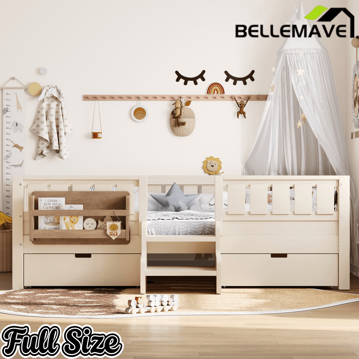 Bellemave® Kids Twin Size Montessori Bed Frame with Built - in Storage Shelves and Drawers, Floor Bed with Staircase and Full - Length High Rails,for Boys, Girls, Wood,Easy Assemble - Bellemave