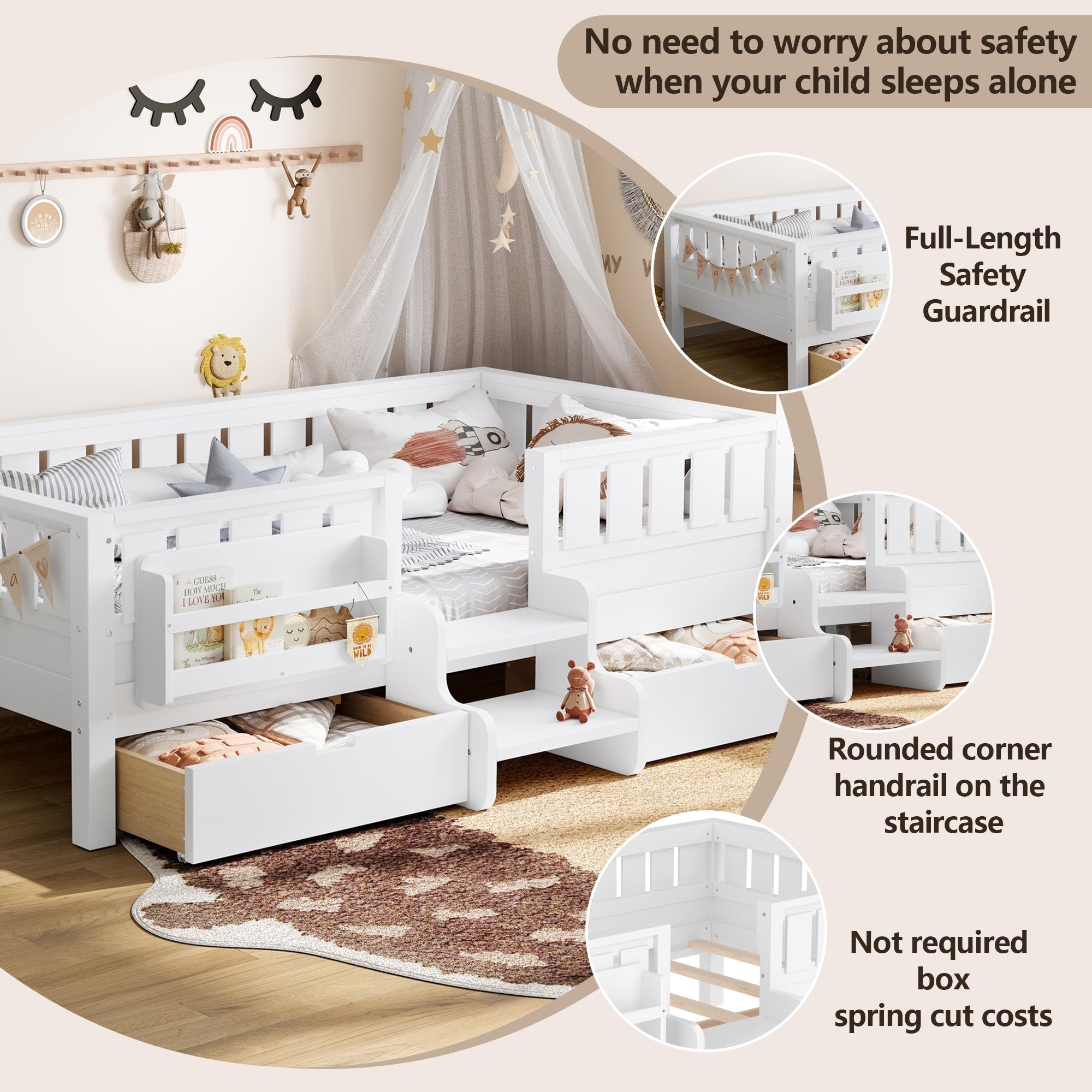 Bellemave® Kids Twin Size Montessori Bed Frame with Built - in Storage Shelves and Drawers, Floor Bed with Staircase and Full - Length High Rails,for Boys, Girls, Wood,Easy Assemble - Bellemave