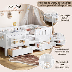 Bellemave® Kids Twin Size Montessori Bed Frame with Built - in Storage Shelves and Drawers, Floor Bed with Staircase and Full - Length High Rails,for Boys, Girls, Wood,Easy Assemble - Bellemave