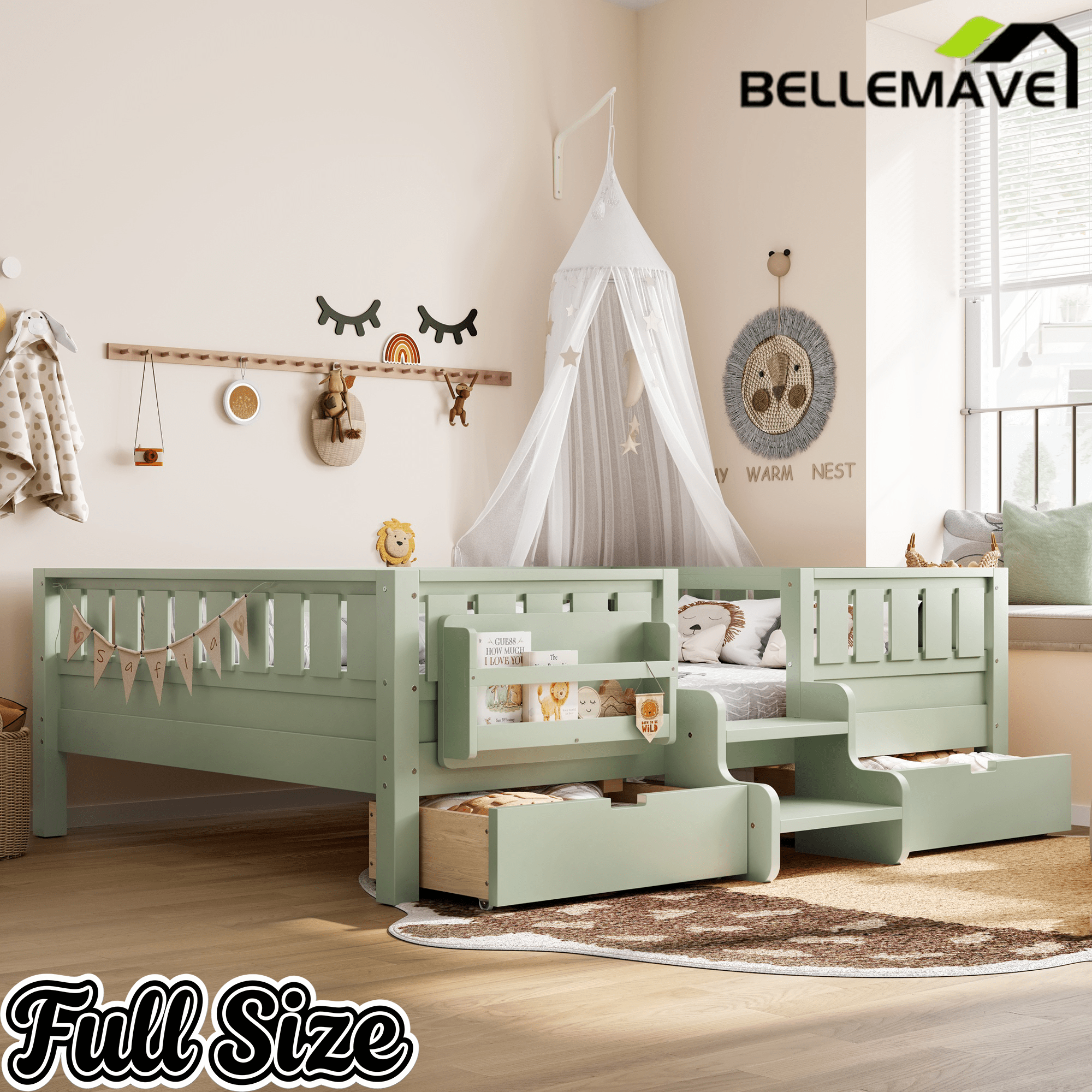 Bellemave® Kids Twin Size Montessori Bed Frame with Built - in Storage Shelves and Drawers, Floor Bed with Staircase and Full - Length High Rails,for Boys, Girls, Wood,Easy Assemble - Bellemave