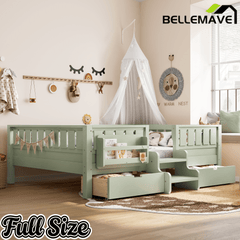 Bellemave® Kids Twin Size Montessori Bed Frame with Built - in Storage Shelves and Drawers, Floor Bed with Staircase and Full - Length High Rails,for Boys, Girls, Wood,Easy Assemble - Bellemave