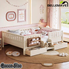 Bellemave® Kids Twin Size Montessori Bed Frame with Built-in Storage Shelves and Drawers, Floor Bed with Staircase and Full-Length High Rails,for Boys, Girls, Wood,Easy Assemble - Bellemave
