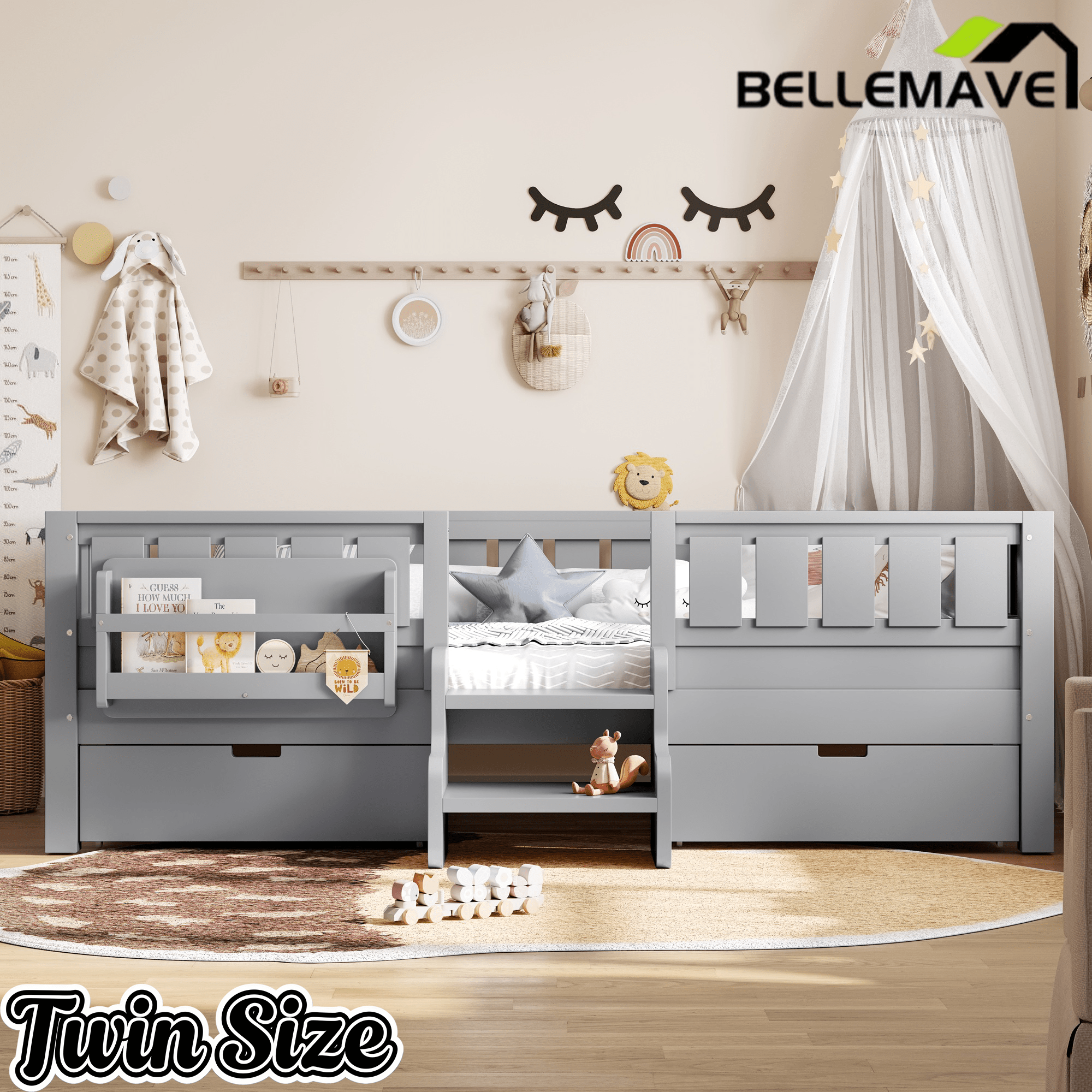 Bellemave® Kids Twin Size Montessori Bed Frame with Built - in Storage Shelves and Drawers, Floor Bed with Staircase and Full - Length High Rails,for Boys, Girls, Wood,Easy Assemble - Bellemave