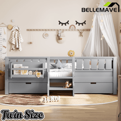Bellemave® Kids Twin Size Montessori Bed Frame with Built - in Storage Shelves and Drawers, Floor Bed with Staircase and Full - Length High Rails,for Boys, Girls, Wood,Easy Assemble - Bellemave
