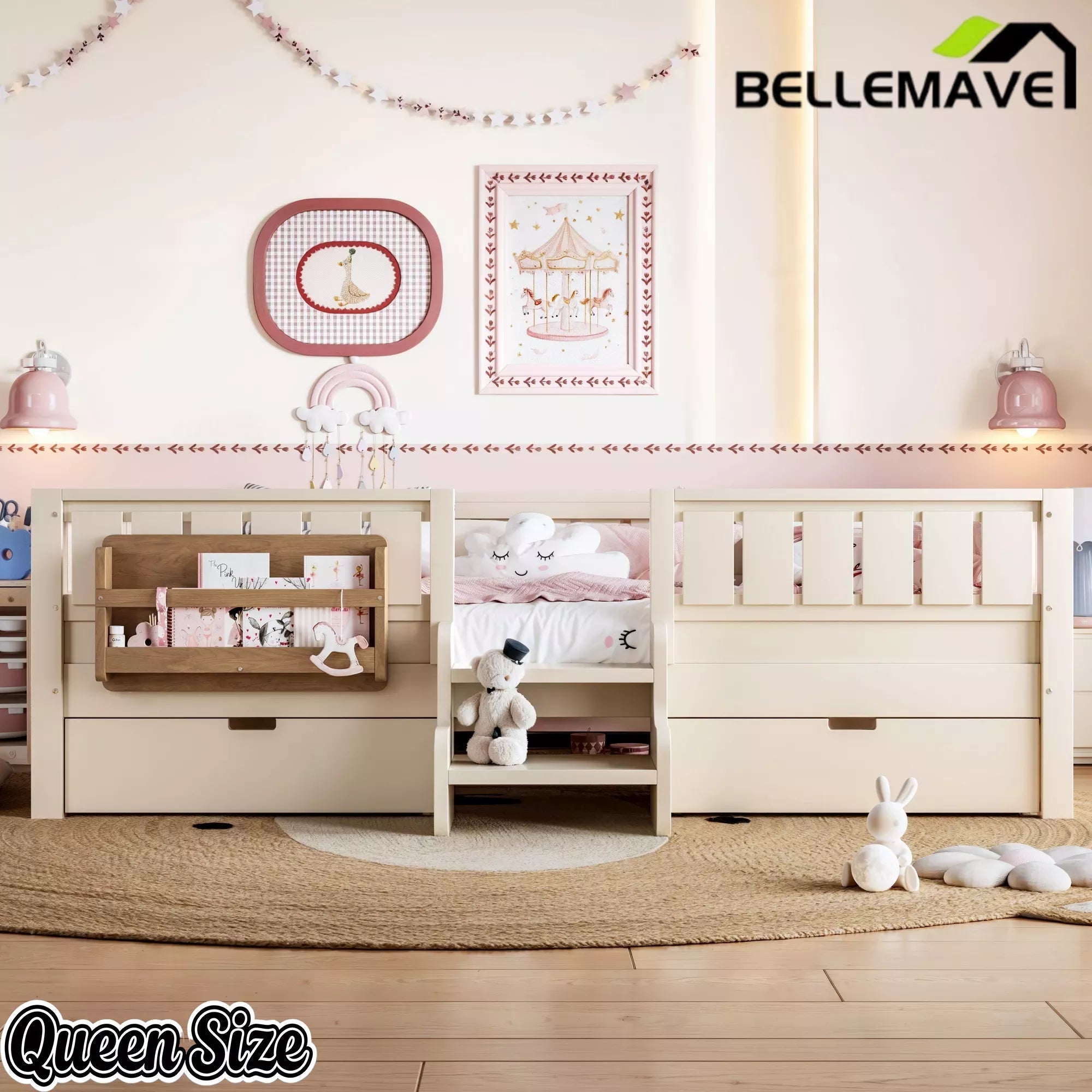 Bellemave® Kids Twin Size Montessori Bed Frame with Built-in Storage Shelves and Drawers, Floor Bed with Staircase and Full-Length High Rails,for Boys, Girls, Wood,Easy Assemble - Bellemave