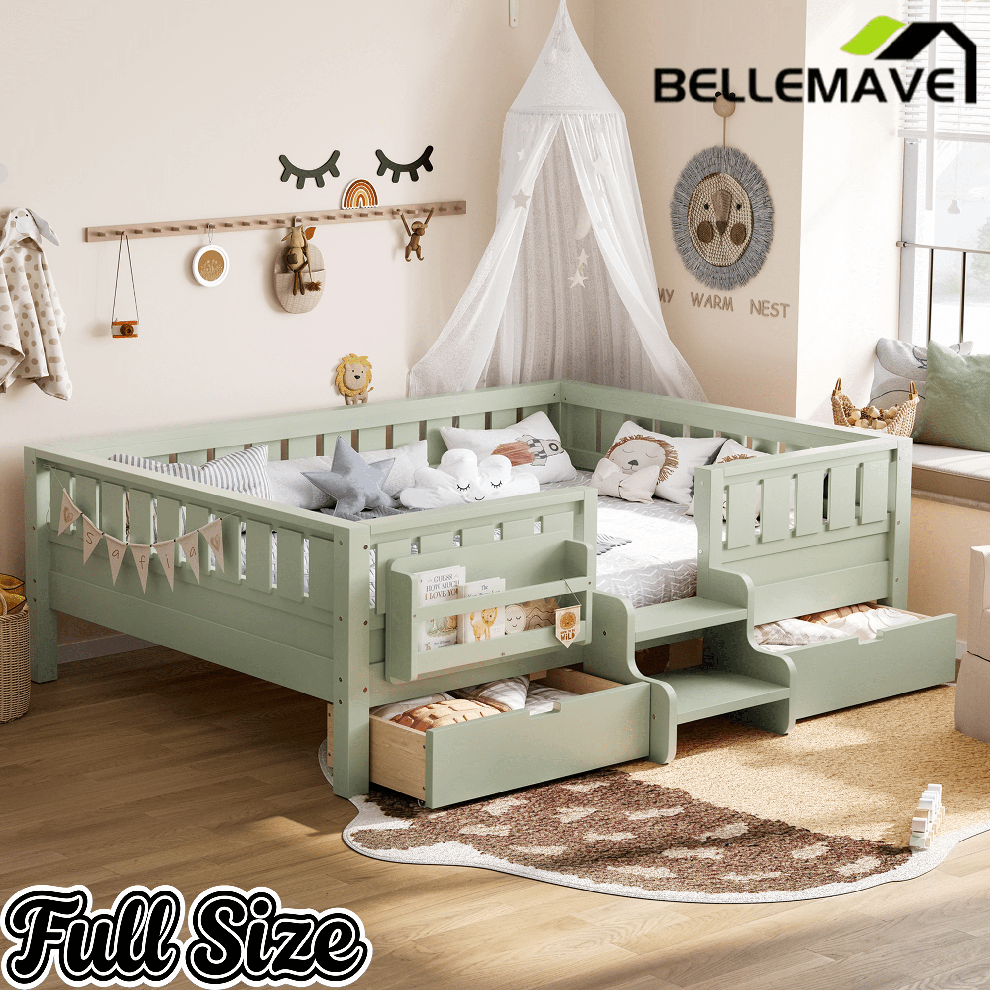 Bellemave® Kids Twin Size Montessori Bed Frame with Built - in Storage Shelves and Drawers, Floor Bed with Staircase and Full - Length High Rails,for Boys, Girls, Wood,Easy Assemble - Bellemave