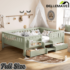 Bellemave® Kids Twin Size Montessori Bed Frame with Built - in Storage Shelves and Drawers, Floor Bed with Staircase and Full - Length High Rails,for Boys, Girls, Wood,Easy Assemble - Bellemave