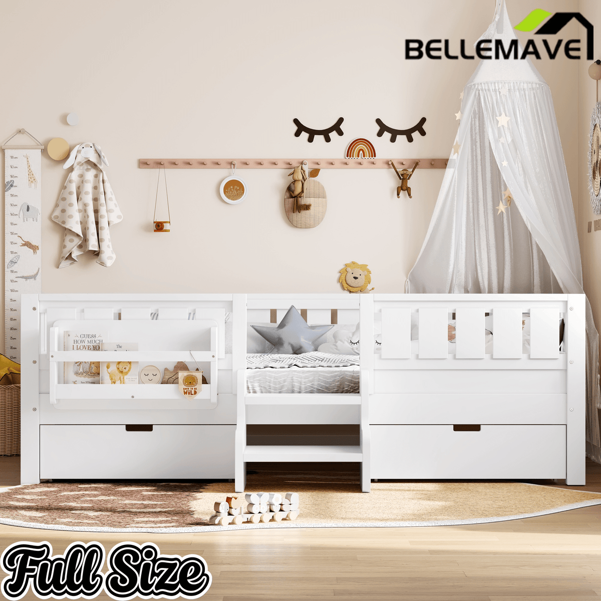 Bellemave® Kids Twin Size Montessori Bed Frame with Built - in Storage Shelves and Drawers, Floor Bed with Staircase and Full - Length High Rails,for Boys, Girls, Wood,Easy Assemble - Bellemave