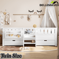 Bellemave® Kids Twin Size Montessori Bed Frame with Built - in Storage Shelves and Drawers, Floor Bed with Staircase and Full - Length High Rails,for Boys, Girls, Wood,Easy Assemble - Bellemave