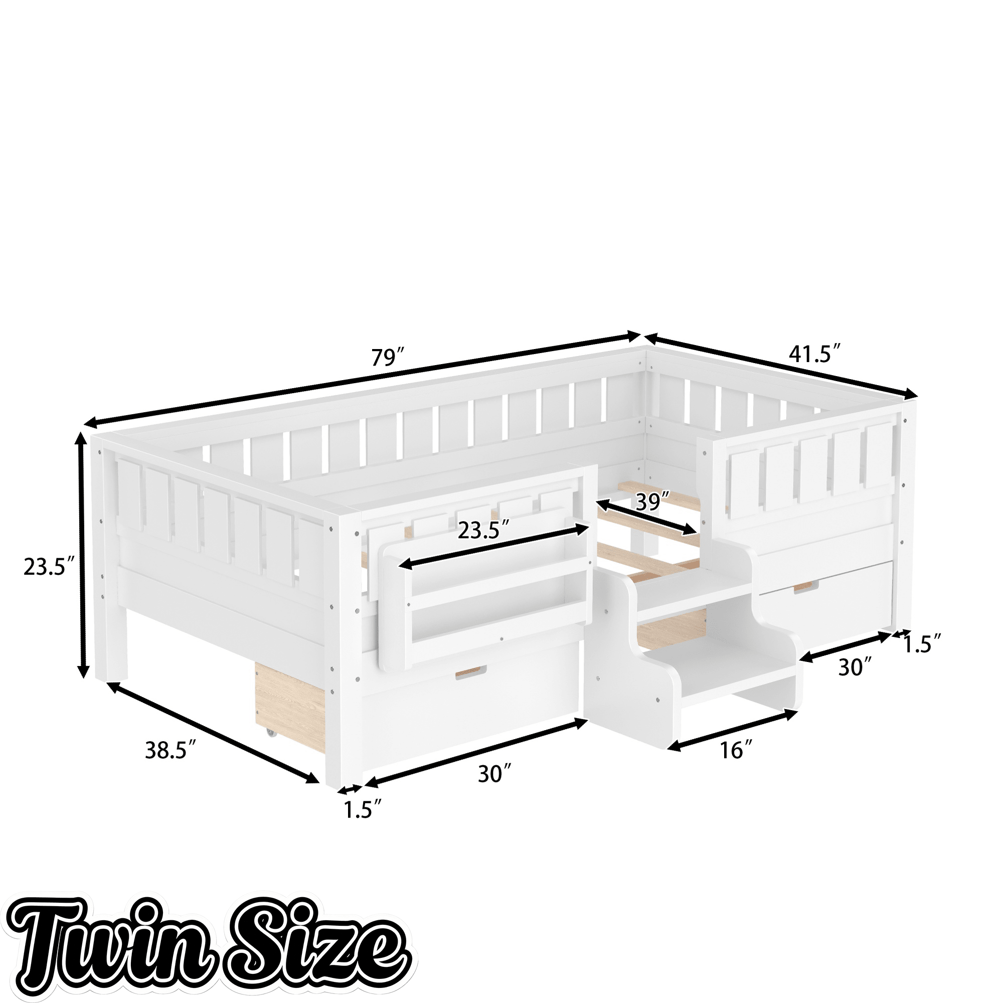 Bellemave® Kids Twin Size Montessori Bed Frame with Built - in Storage Shelves and Drawers, Floor Bed with Staircase and Full - Length High Rails,for Boys, Girls, Wood,Easy Assemble - Bellemave