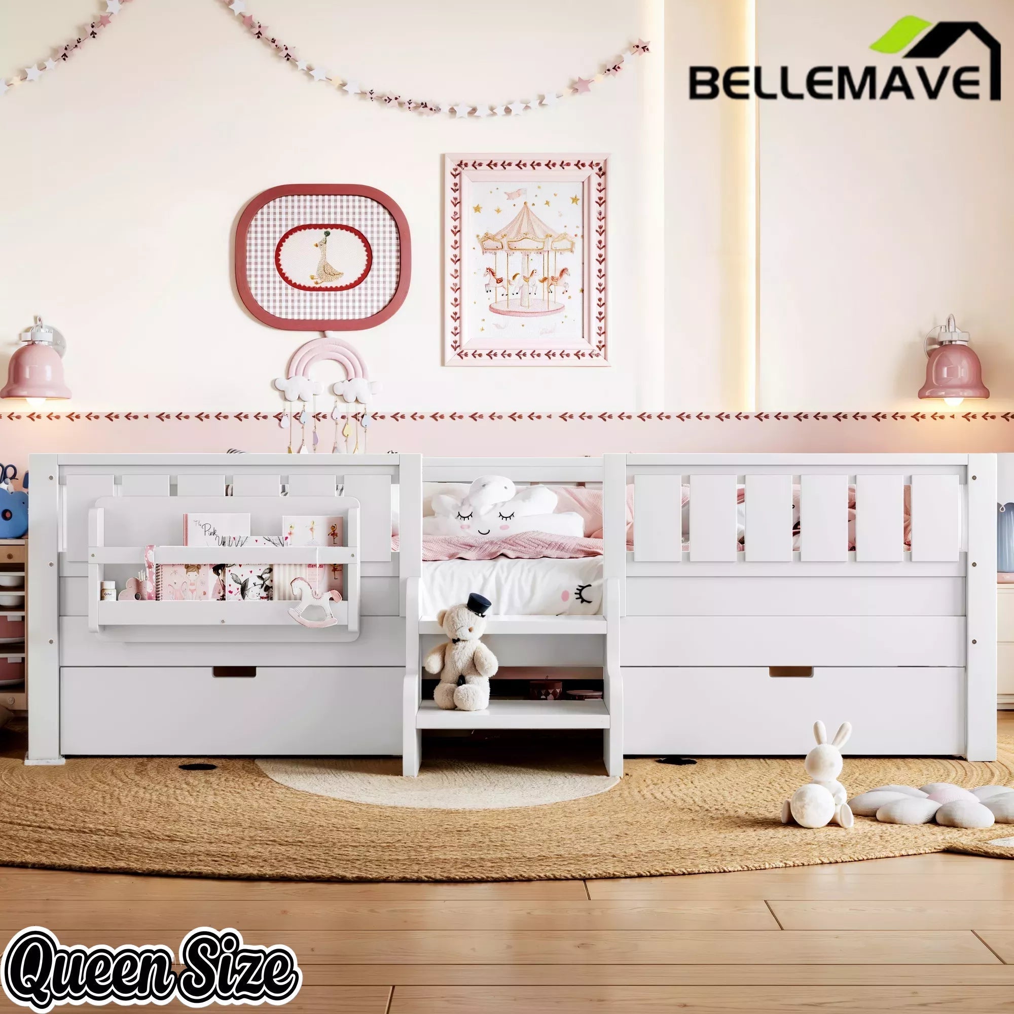 Bellemave® Kids Twin Size Montessori Bed Frame with Built-in Storage Shelves and Drawers, Floor Bed with Staircase and Full-Length High Rails,for Boys, Girls, Wood,Easy Assemble - Bellemave