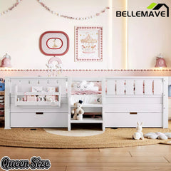 Bellemave® Kids Twin Size Montessori Bed Frame with Built-in Storage Shelves and Drawers, Floor Bed with Staircase and Full-Length High Rails,for Boys, Girls, Wood,Easy Assemble - Bellemave