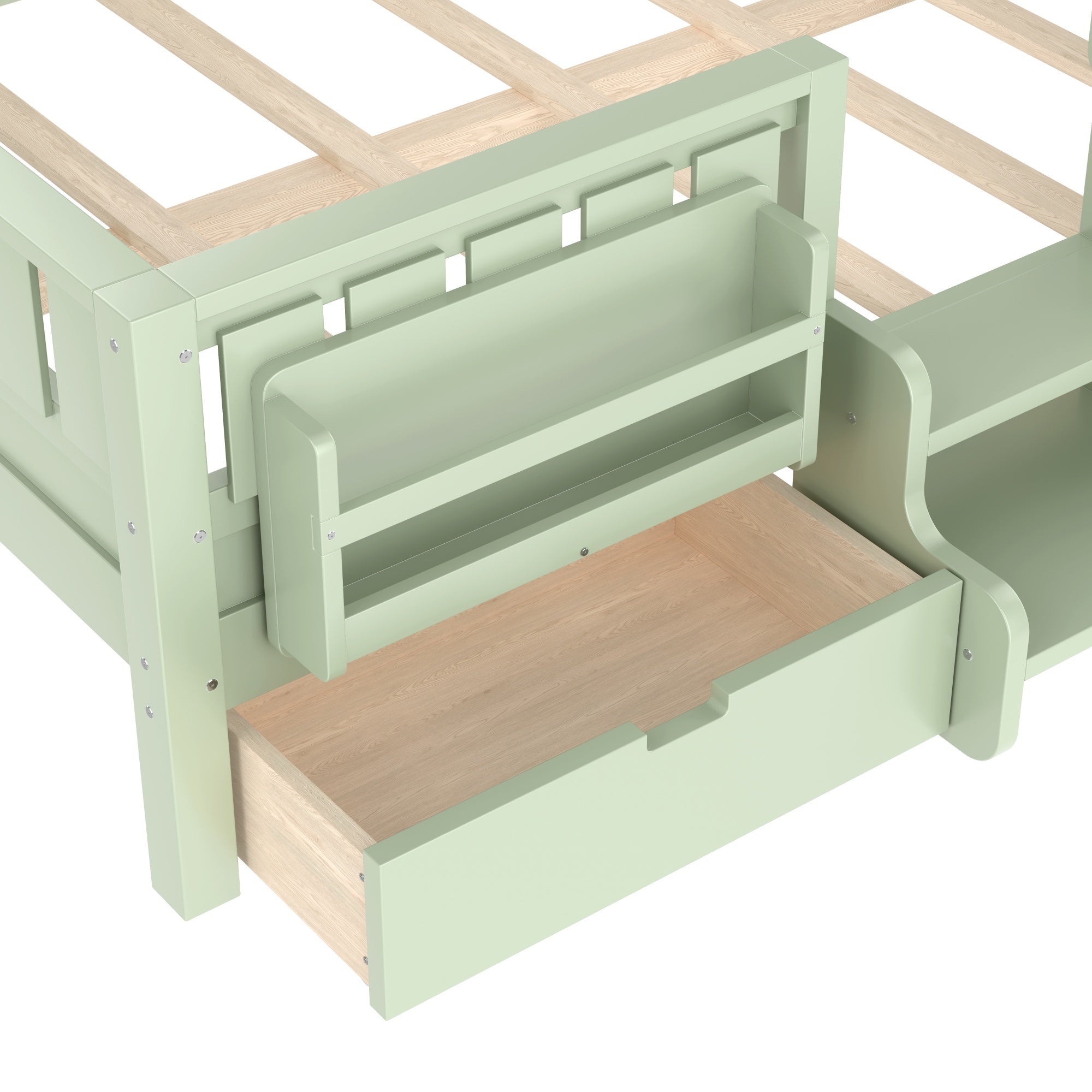 Bellemave® Kids Twin Size Montessori Bed Frame with Built - in Storage Shelves and Drawers, Floor Bed with Staircase and Full - Length High Rails,for Boys, Girls, Wood,Easy Assemble - Bellemave