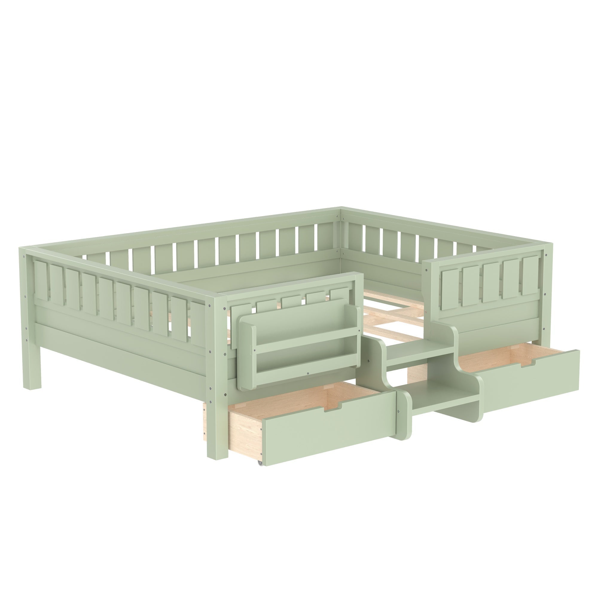 Bellemave® Kids Twin Size Montessori Bed Frame with Built - in Storage Shelves and Drawers, Floor Bed with Staircase and Full - Length High Rails,for Boys, Girls, Wood,Easy Assemble - Bellemave