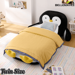 Bellemave® Kids Twin Sofa Bed with Penguin Headboard – Faux Fur Upholstered Daybed for Girls & Boys, Black and White - Bellemave