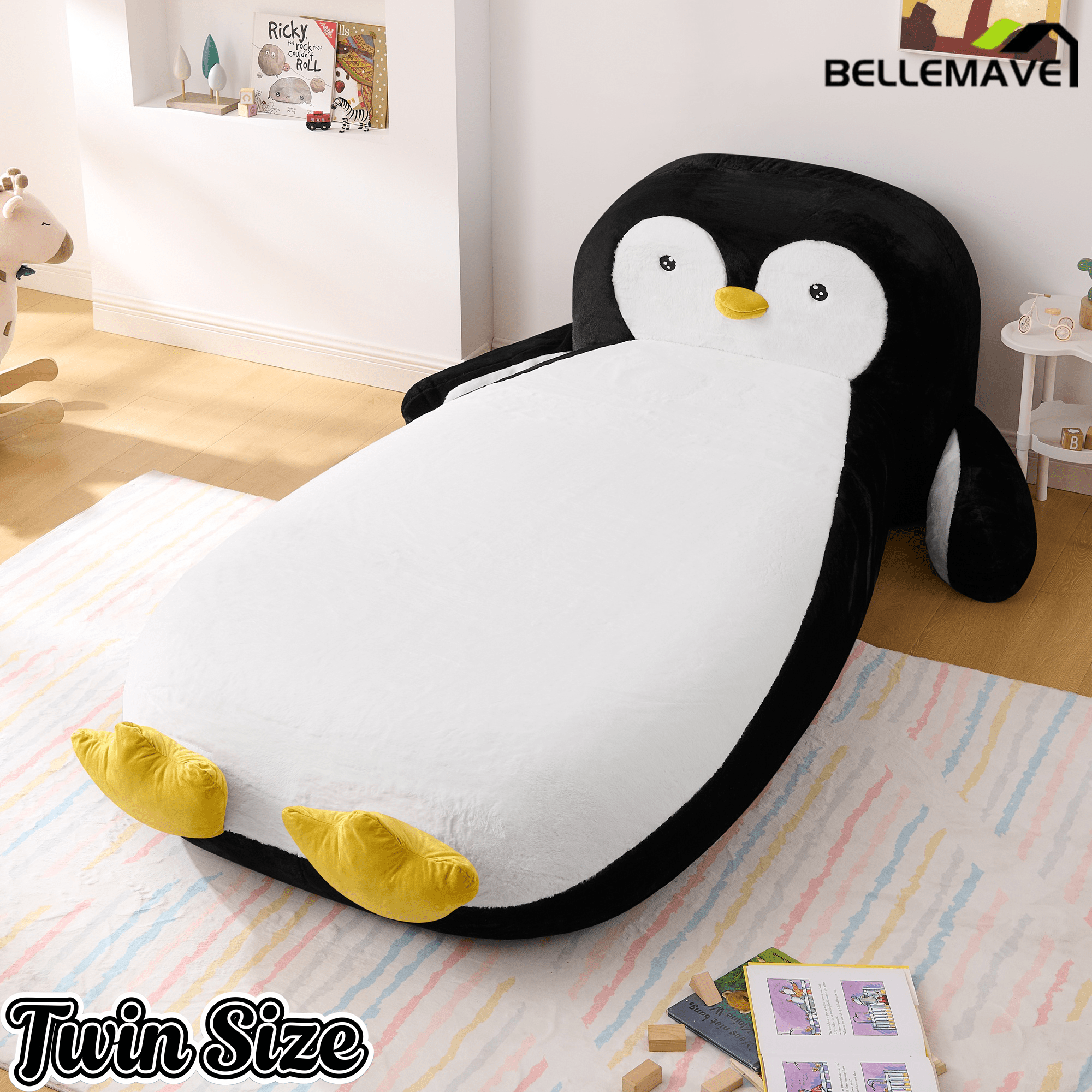 Bellemave® Kids Twin Sofa Bed with Penguin Headboard – Faux Fur Upholstered Daybed for Girls & Boys, Black and White - Bellemave