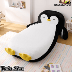 Bellemave® Kids Twin Sofa Bed with Penguin Headboard – Faux Fur Upholstered Daybed for Girls & Boys, Black and White - Bellemave