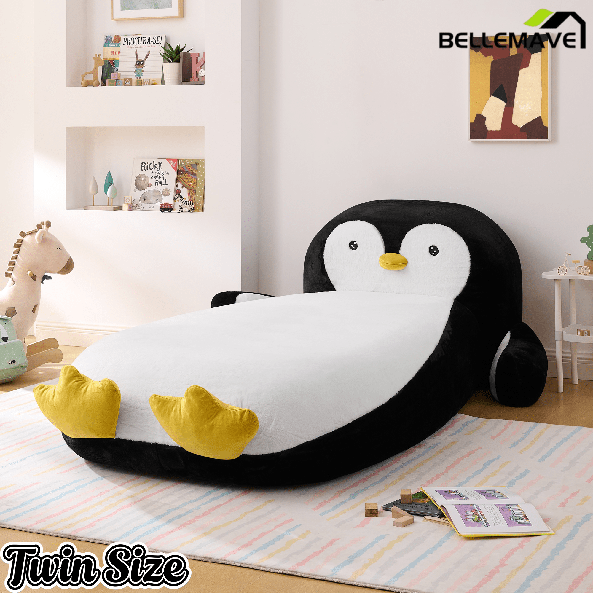 Bellemave® Kids Twin Sofa Bed with Penguin Headboard – Faux Fur Upholstered Daybed for Girls & Boys, Black and White - Bellemave