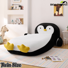 Bellemave® Kids Twin Sofa Bed with Penguin Headboard – Faux Fur Upholstered Daybed for Girls & Boys, Black and White - Bellemave