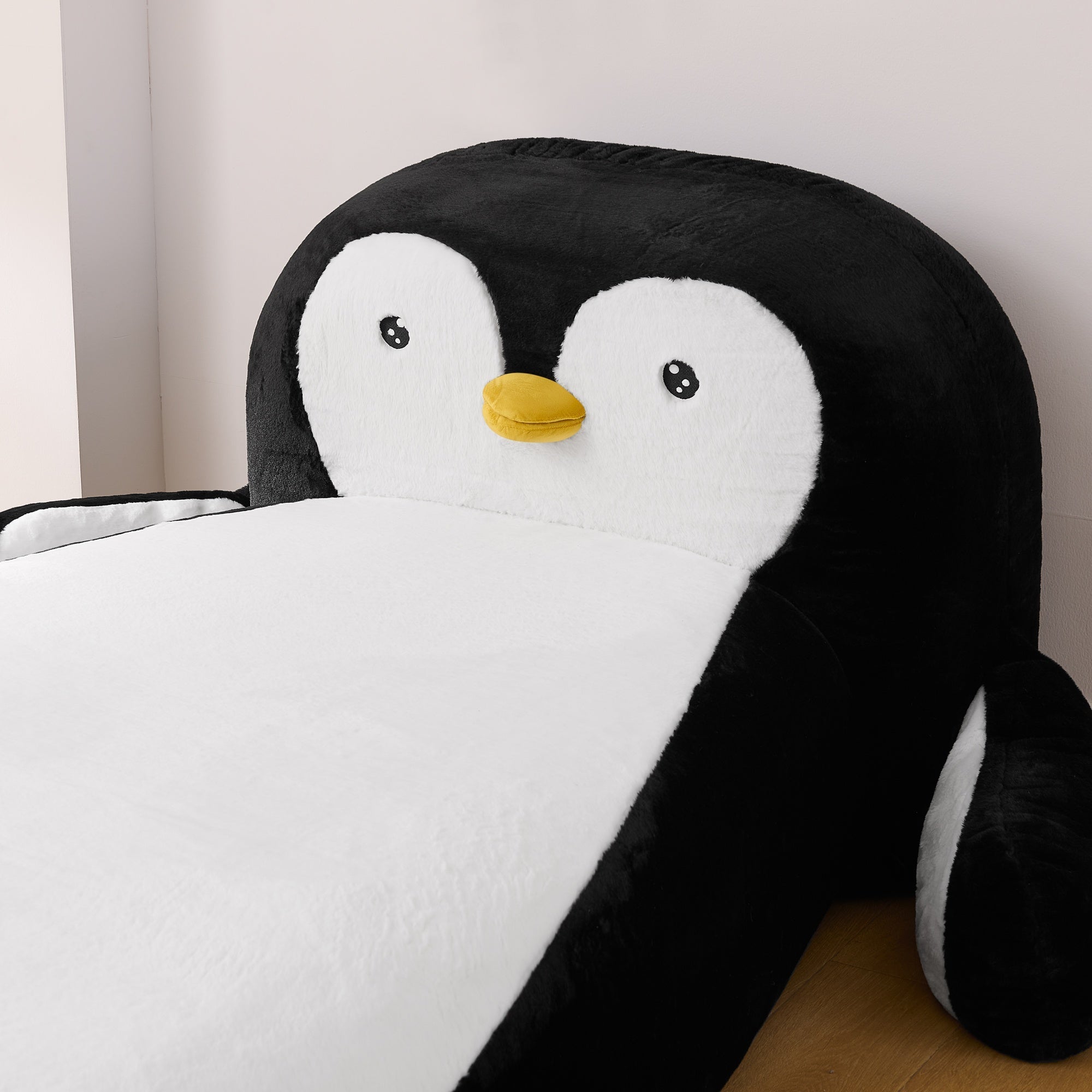 Bellemave® Kids Twin Sofa Bed with Penguin Headboard – Faux Fur Upholstered Daybed for Girls & Boys, Black and White - Bellemave