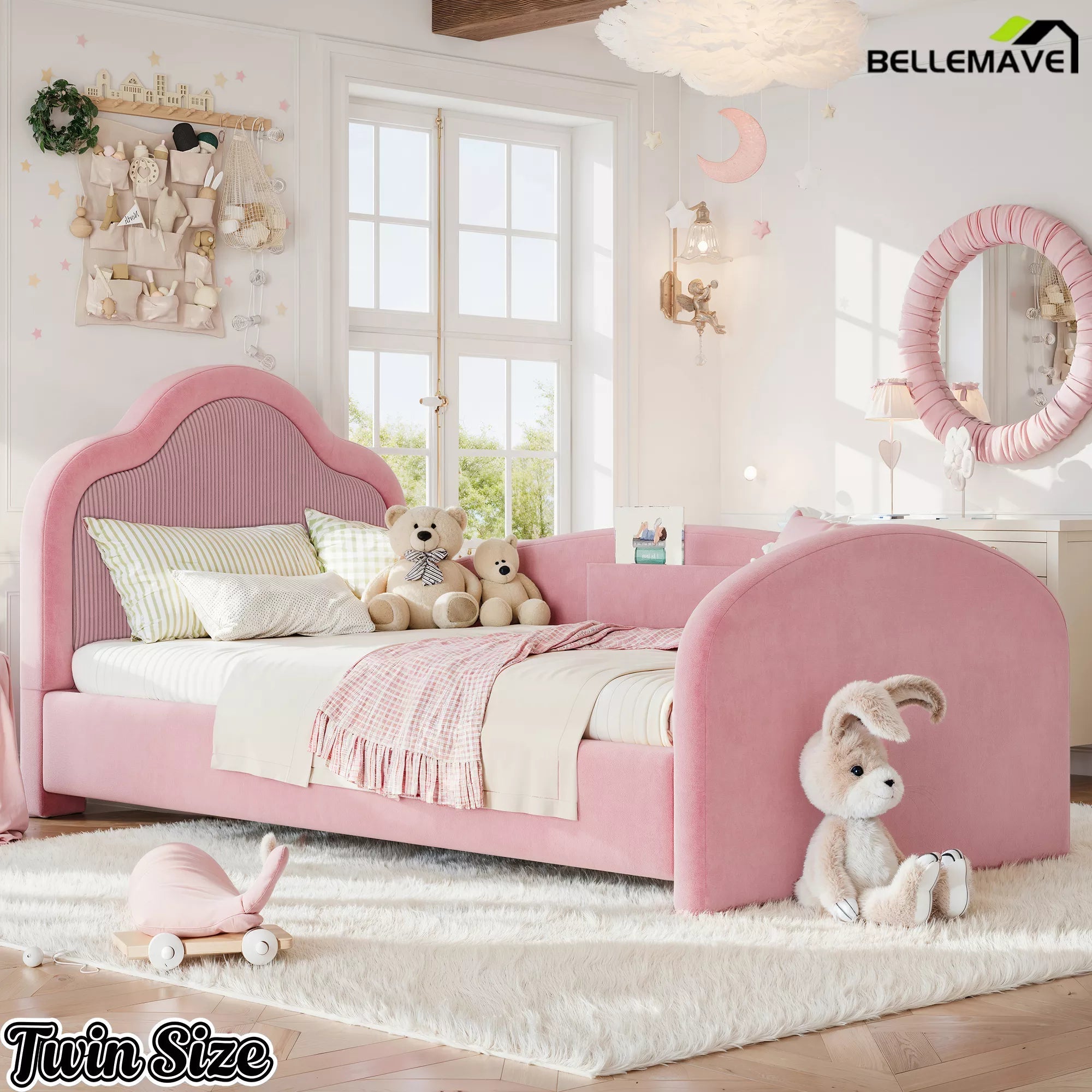 Bellemave® Kids Upholstered Floor Bed with Curved Headboard, Safety Side Rails & Storage Pocket - Bellemave
