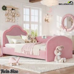 Bellemave® Kids Upholstered Floor Bed with Curved Headboard, Safety Side Rails & Storage Pocket - Bellemave