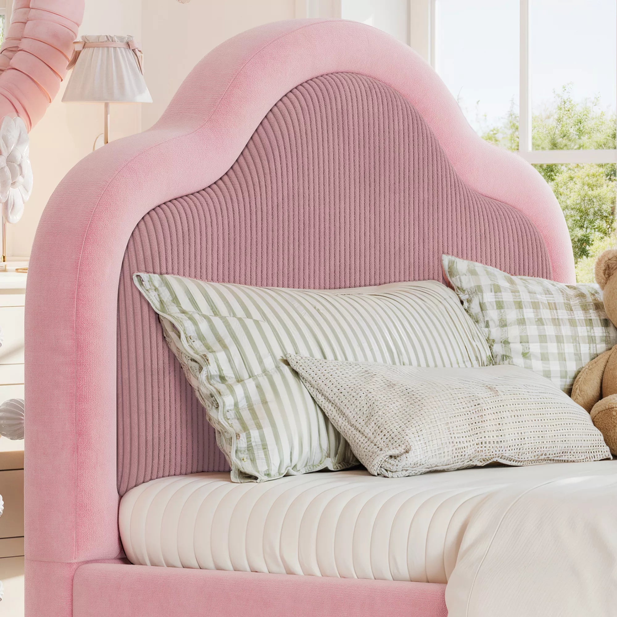 Bellemave® Kids Upholstered Floor Bed with Curved Headboard, Safety Side Rails & Storage Pocket - Bellemave