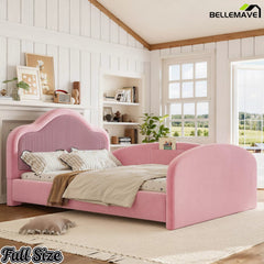 Bellemave® Kids Upholstered Floor Bed with Curved Headboard, Safety Side Rails & Storage Pocket - Bellemave