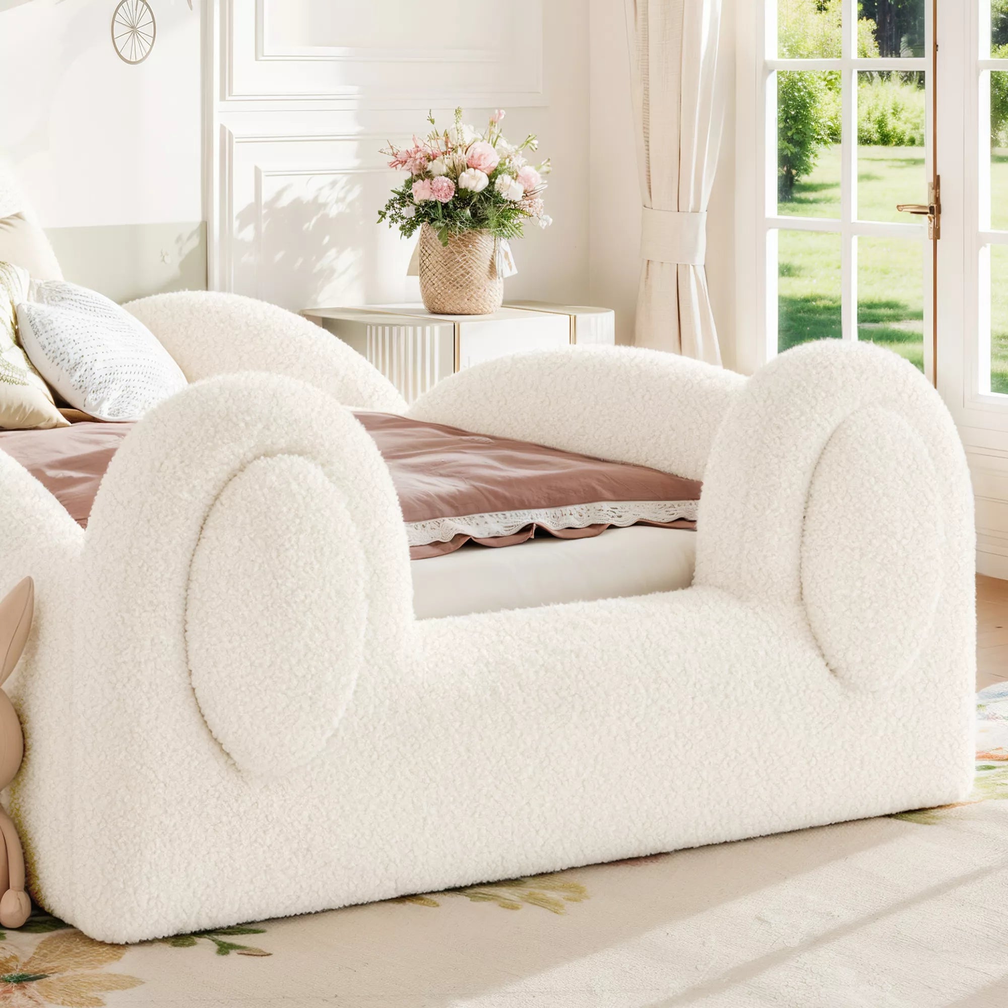 Bellemave® Kids Upholstered Floor Bed with Cute Rabbit Headboard, Low Profile Toddler Bed Frame with Side Storage Pockets, Kids Platform Bed - Bellemave
