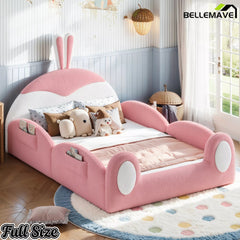 Bellemave® Kids Upholstered Floor Bed with Cute Rabbit Headboard, Low Profile Toddler Bed Frame with Side Storage Pockets, Kids Platform Bed - Bellemave