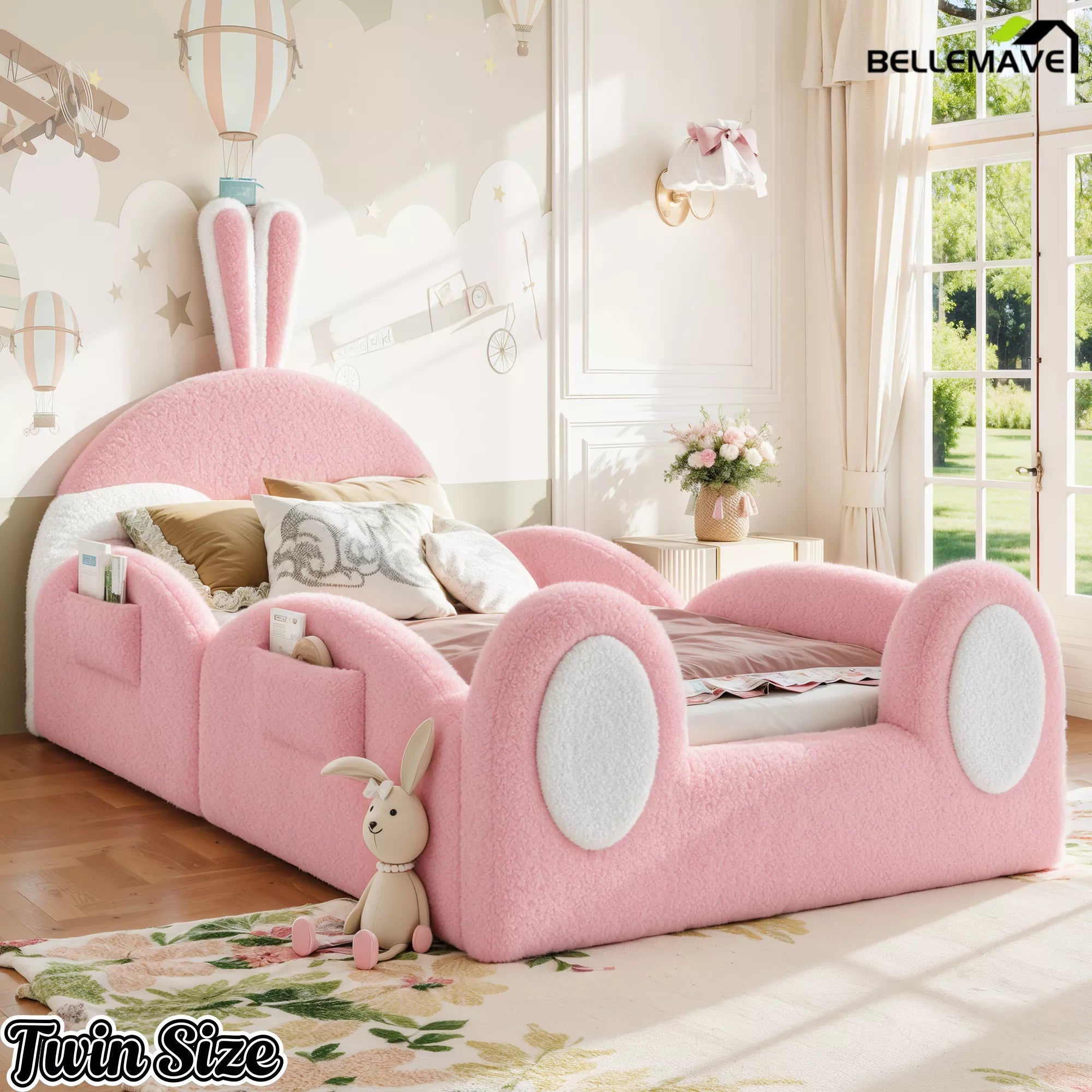 Bellemave® Kids Upholstered Floor Bed with Cute Rabbit Headboard, Low Profile Toddler Bed Frame with Side Storage Pockets, Kids Platform Bed - Bellemave