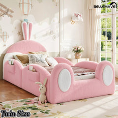 Bellemave® Kids Upholstered Floor Bed with Cute Rabbit Headboard, Low Profile Toddler Bed Frame with Side Storage Pockets, Kids Platform Bed - Bellemave