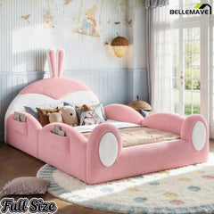Bellemave® Kids Upholstered Floor Bed with Cute Rabbit Headboard, Low Profile Toddler Bed Frame with Side Storage Pockets, Kids Platform Bed - Bellemave
