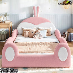 Bellemave® Kids Upholstered Floor Bed with Cute Rabbit Headboard, Low Profile Toddler Bed Frame with Side Storage Pockets, Kids Platform Bed - Bellemave