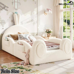 Bellemave® Kids Upholstered Floor Bed with Cute Rabbit Headboard, Low Profile Toddler Bed Frame with Side Storage Pockets, Kids Platform Bed - Bellemave