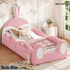Bellemave® Kids Upholstered Floor Bed with Cute Rabbit Headboard, Low Profile Toddler Bed Frame with Side Storage Pockets, Kids Platform Bed - Bellemave