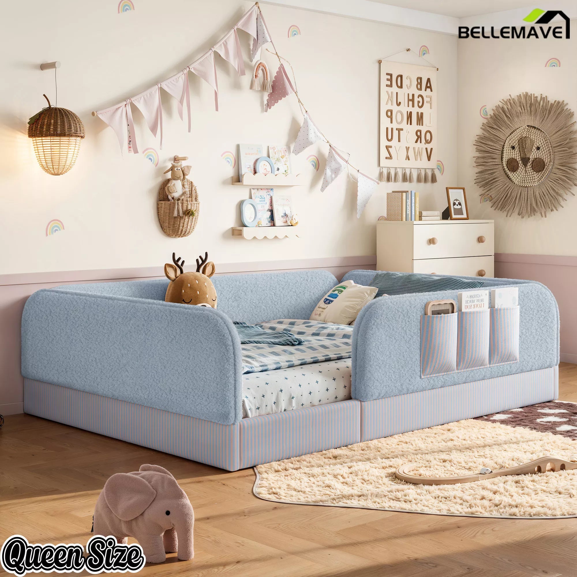 Bellemave® Kids Upholstered Floor Bed with Full Surround Safety Rails, Montessori Low Profile Bed with Teddy Fleece Frame & Side Storage Pocket - Bellemave