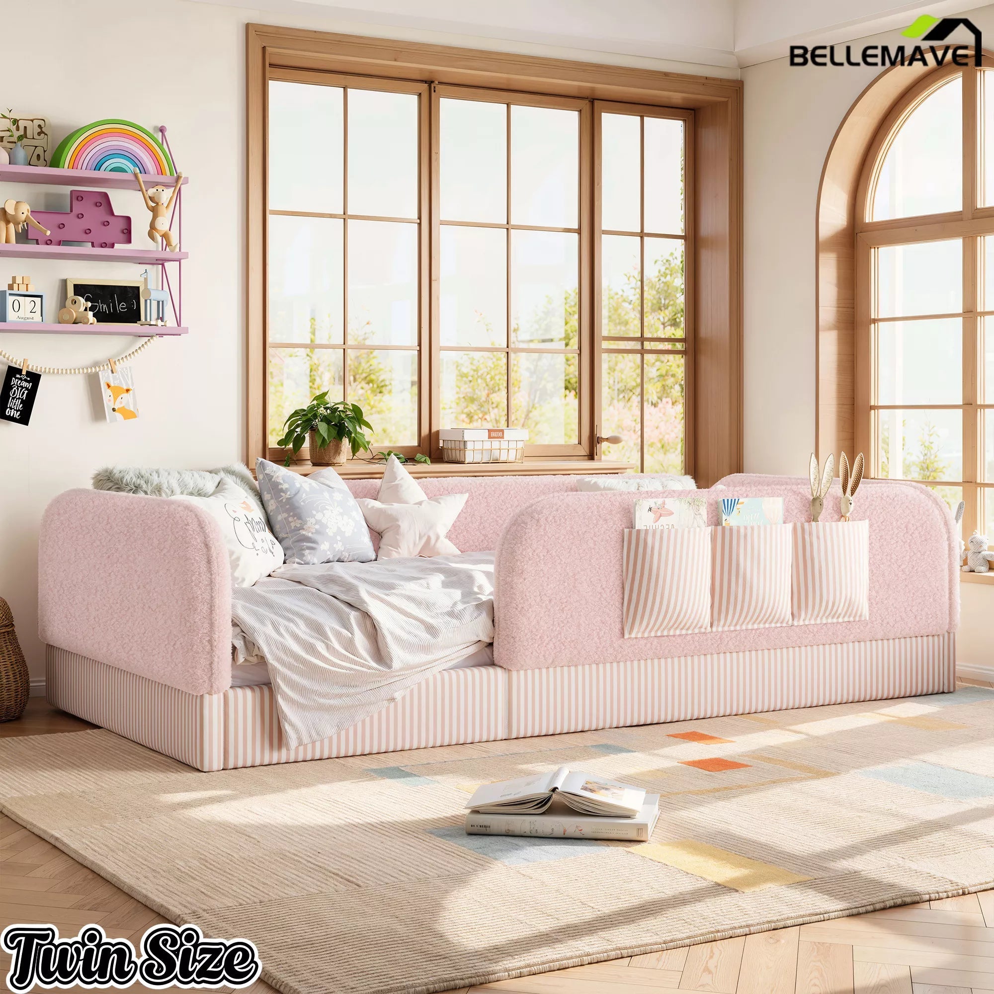 Bellemave® Kids Upholstered Floor Bed with Full Surround Safety Rails, Montessori Low Profile Bed with Teddy Fleece Frame & Side Storage Pocket - Bellemave