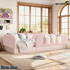 Bellemave® Kids Upholstered Floor Bed with Full Surround Safety Rails, Montessori Low Profile Bed with Teddy Fleece Frame & Side Storage Pocket - Bellemave