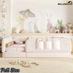 Bellemave® Kids Upholstered Floor Bed with Full Surround Safety Rails, Montessori Low Profile Bed with Teddy Fleece Frame & Side Storage Pocket - Bellemave