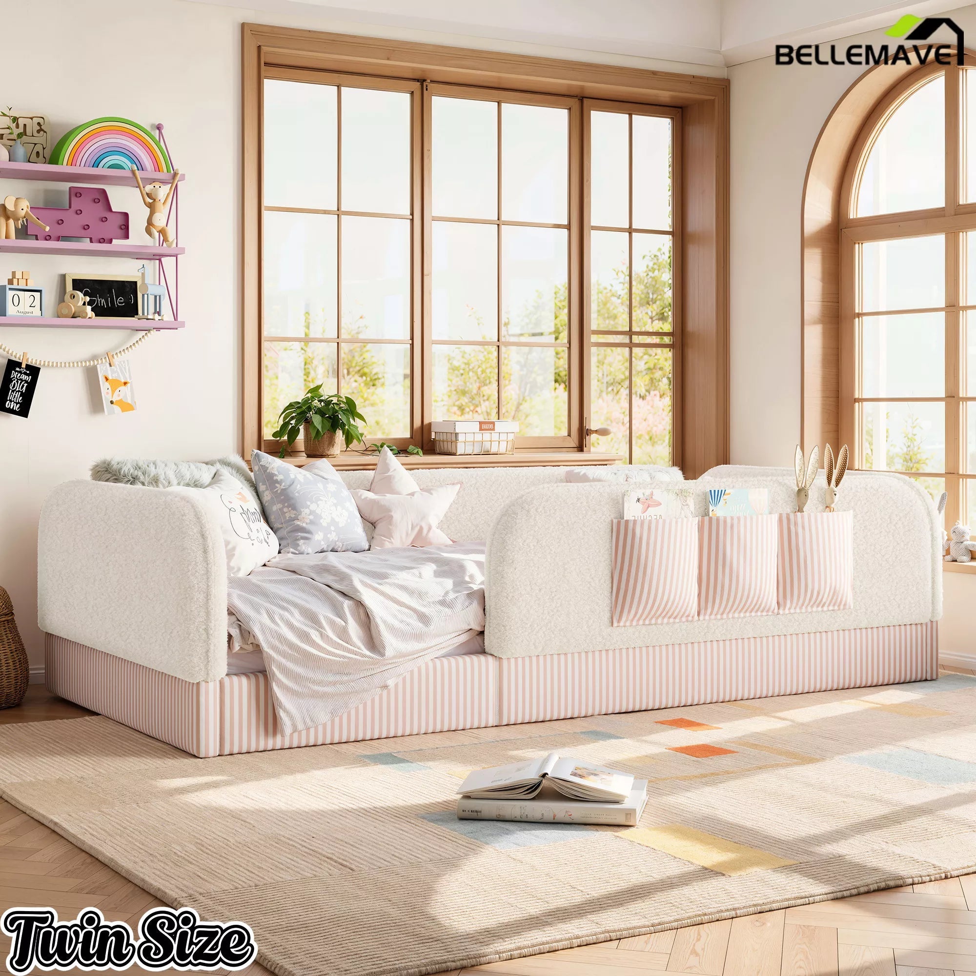Bellemave® Kids Upholstered Floor Bed with Full Surround Safety Rails, Montessori Low Profile Bed with Teddy Fleece Frame & Side Storage Pocket - Bellemave