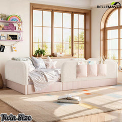 Bellemave® Kids Upholstered Floor Bed with Full Surround Safety Rails, Montessori Low Profile Bed with Teddy Fleece Frame & Side Storage Pocket - Bellemave