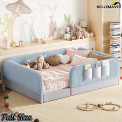 Bellemave® Kids Upholstered Floor Bed with Full Surround Safety Rails, Montessori Low Profile Bed with Teddy Fleece Frame & Side Storage Pocket - Bellemave