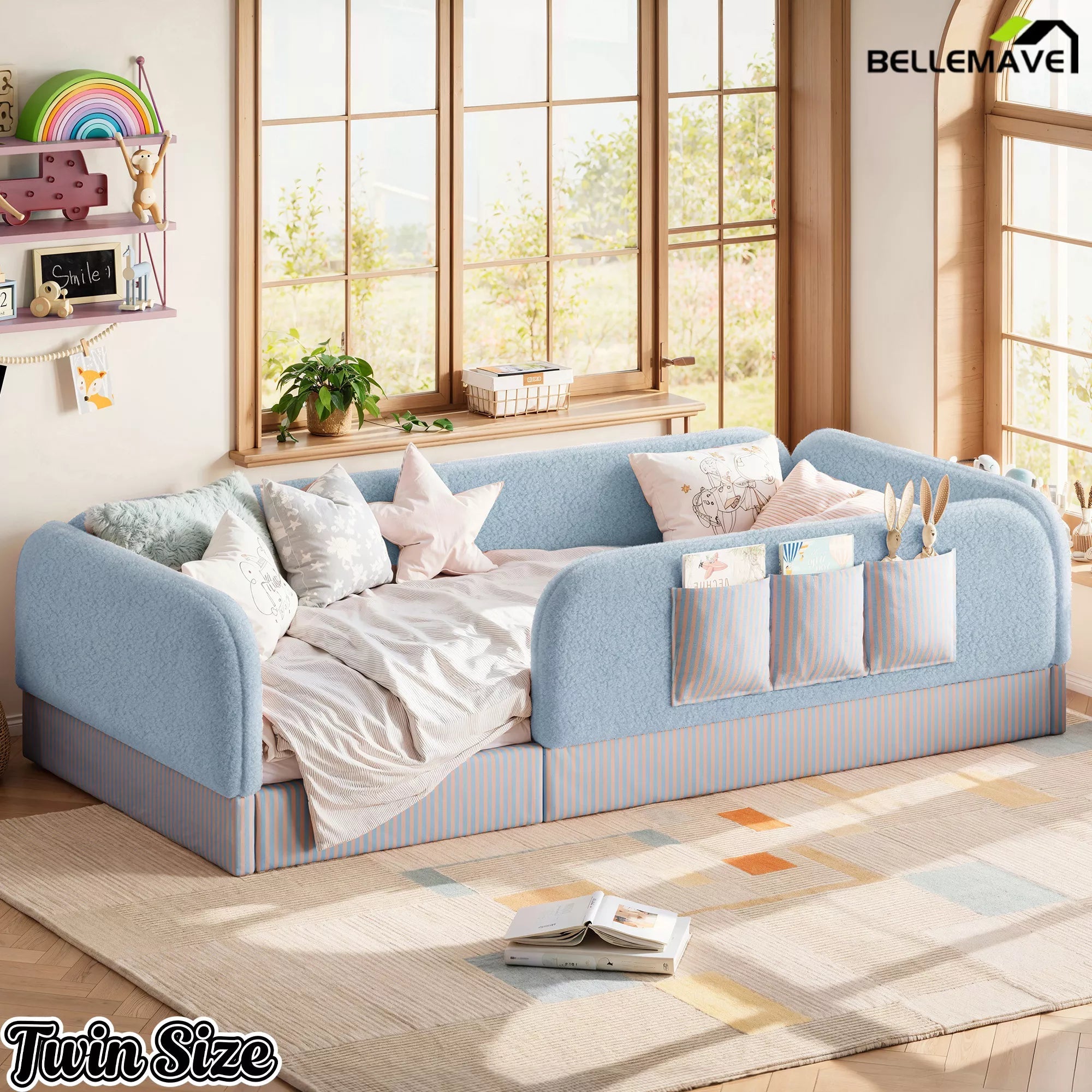 Bellemave® Kids Upholstered Floor Bed with Full Surround Safety Rails, Montessori Low Profile Bed with Teddy Fleece Frame & Side Storage Pocket - Bellemave