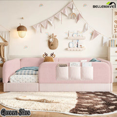 Bellemave® Kids Upholstered Floor Bed with Full Surround Safety Rails, Montessori Low Profile Bed with Teddy Fleece Frame & Side Storage Pocket - Bellemave