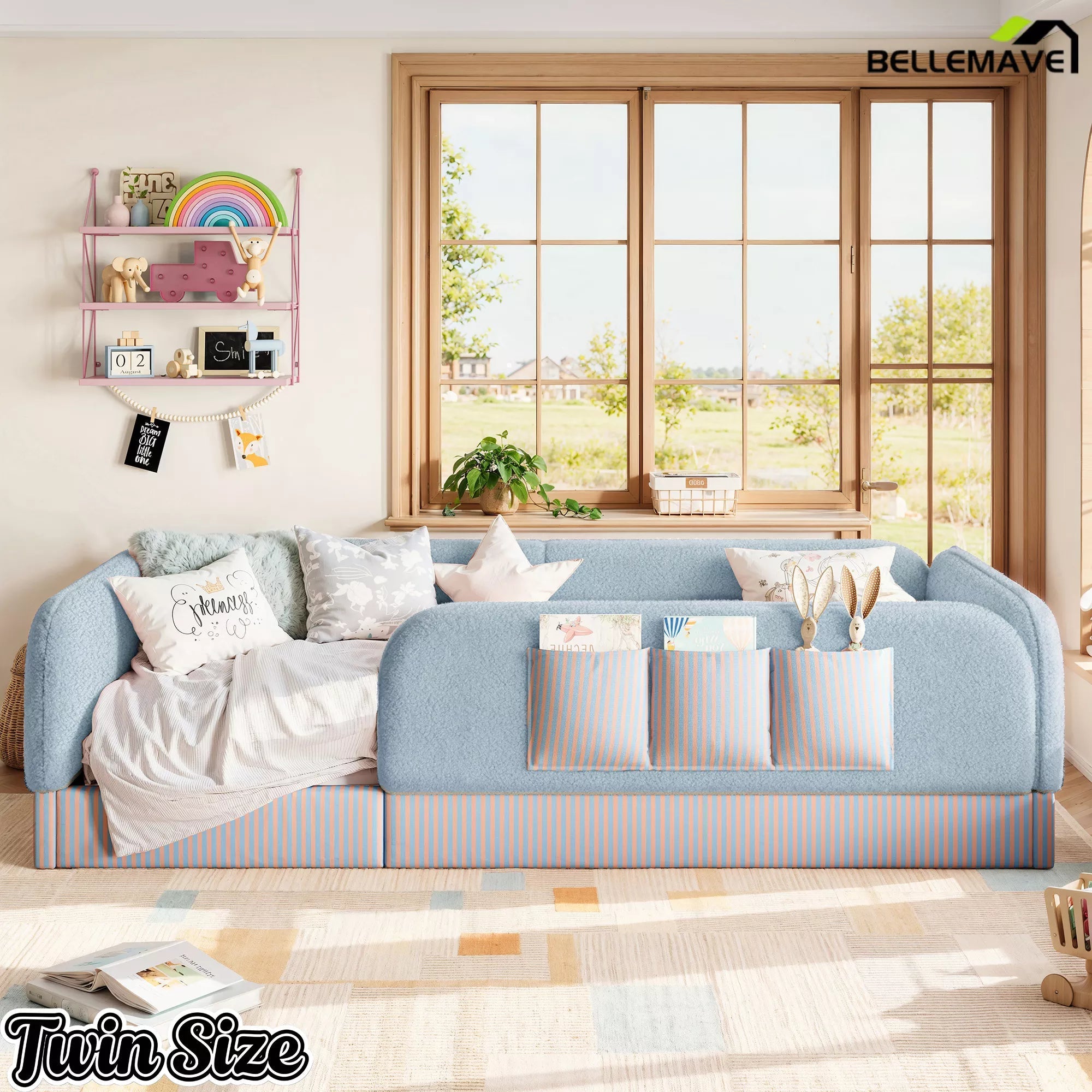 Bellemave® Kids Upholstered Floor Bed with Full Surround Safety Rails, Montessori Low Profile Bed with Teddy Fleece Frame & Side Storage Pocket - Bellemave